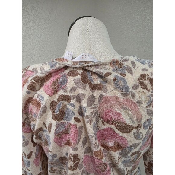 Floral Print Long Sleeve Top With Pleated Chiffon Hem Ivory Pink Beige - Picture 5 of 5